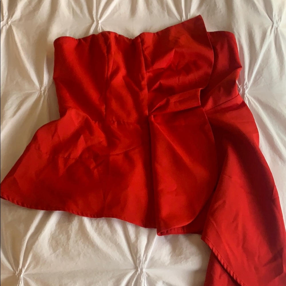 Red strapless asymmetric top